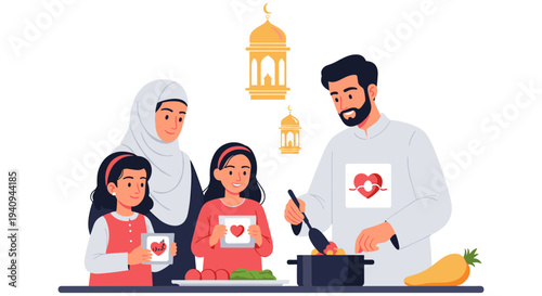 Muslim family celebrating Ramadan iftar with dates and charity donation box at home