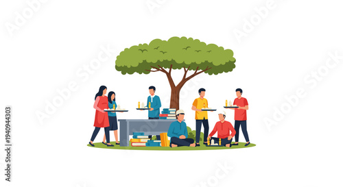 Happy diverse family picnic under large green tree with food and drinks outdoor summer gathering