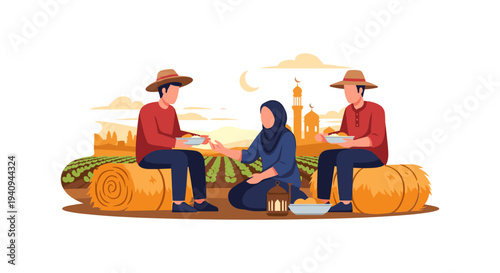 Muslim family picnic harvest autumn sunset pumpkins vegetables bonding outdoor lifestyle