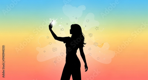 Silhouette of a woman taking a selfie with a smartphone.