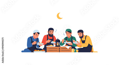Diverse friends picnic under crescent moon enjoying food drinks outdoor night gathering