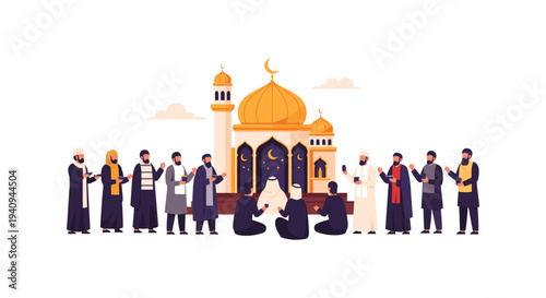 Muslim family celebrating Eid al-Fitr outside mosque with golden domes and crescent moon illustration
