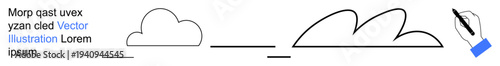 Art progression, creativity, educational tools, design process, sketching, visual learning. Cloud sketching stages and a hand with a pen. Art progression and creativity concept
