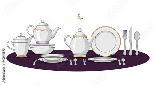 Elegant white tea set with gold accents on dark tray minimalist luxury dining decor