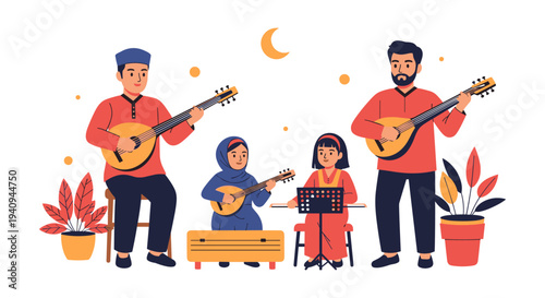 Family playing guitars together outdoors night campfire bonding music fun