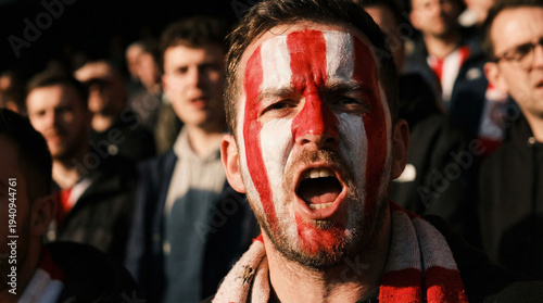Close up of intense male football fan with painted face shouting. Passionate supporter cheering in crowd at sporting event