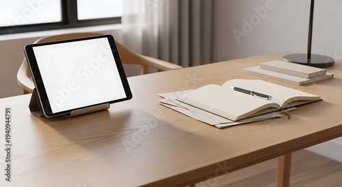 A tablet on a stand sits on a wooden desk next to an open notebook and books in a well-lit room.