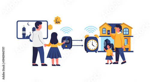 Family using smart home technology for daily routines in modern house with clock and wifi icons