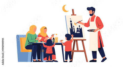 Family painting together with artist instructor in bright creative studio workshop