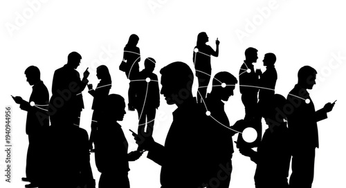 Silhouettes of people using smartphones in a crowd.