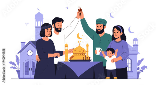 Happy diverse family celebrating housewarming with cake and keys in cozy home