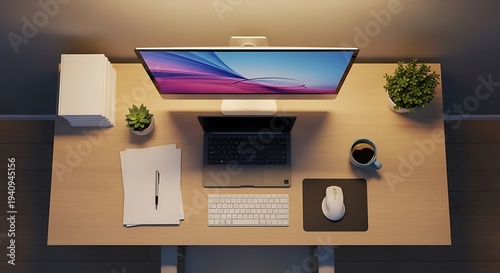 A well-organized workspace with computer, keyboard, mouse, and plants on desk indoors