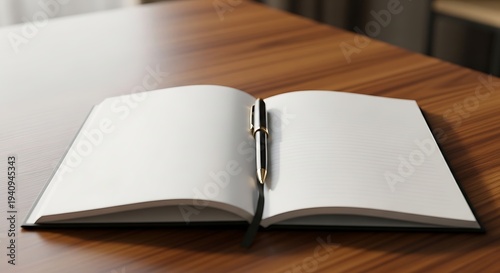 An open blank notebook with a pen on a wooden table indoors