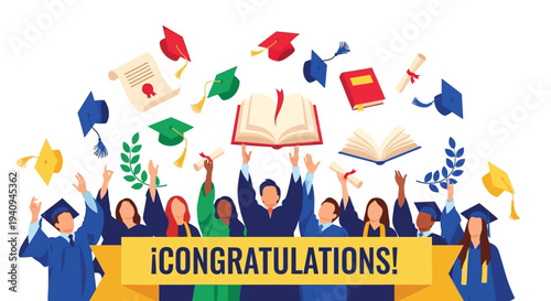 Group of diverse happy graduates celebrating academic achievement with diplomas and flying caps