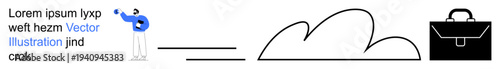 Cloud storage, digital workspaces, data sharing, business solutions, cloud computing, remote work. Businessman gesturing to a cloud linked to a briefcase. Cloud storage and digital workspaces concept