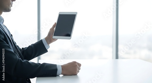 Businessman holding a tablet in office with city view