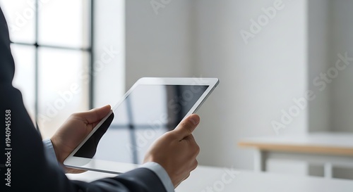 A man in a suit holds a tablet and phone in an office.