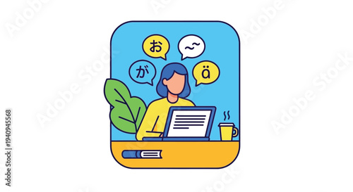 Young woman using a laptop for language translation and communication with diverse global symbols