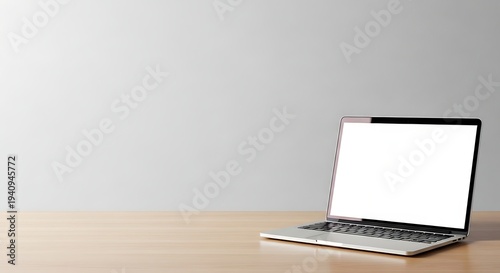 A laptop with a blank screen sits open on a wooden desk indoors.
