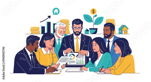 Diverse business professionals collaborating on financial growth strategy during a serious meeting