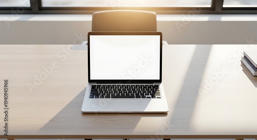 Laptop on a desk with a blank screen in a modern office space