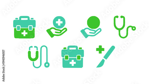 Flat healthcare icons including first aid kit, stethoscope, doctor care, and medical tools.