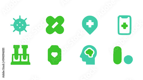 Flat medical icons featuring virus, bandage, shield health, laboratory flask, and brain health.