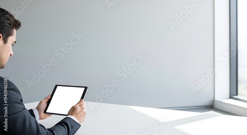 Man in suit sits by window holding tablet with blank screen indoors