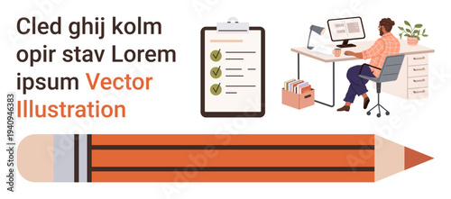 Business management, productivity, teamwork, project organization, remote work, writing tools. Person working on a computer at a desk. Business management and productivity concept