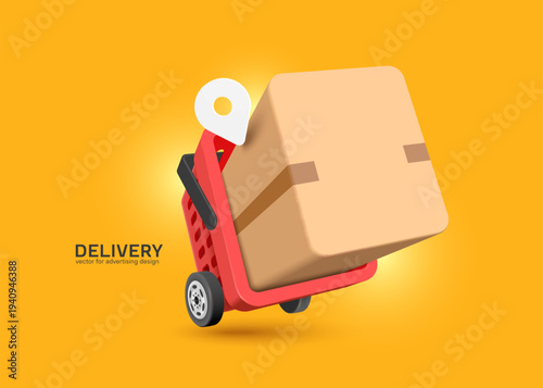Place product boxes or cardboard boxes in a red wheeled shopping basket resembling a truck to represent a delivery service or e-commerce business, vector 3d illustration on yellow background