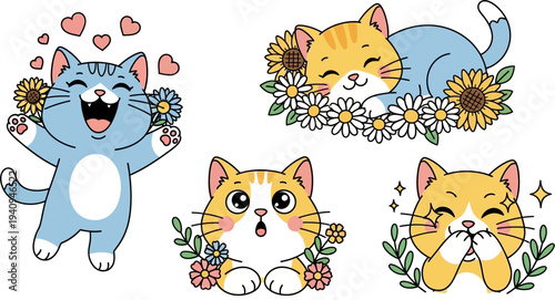 Cute cartoon cats with flowers expressing various emotions.