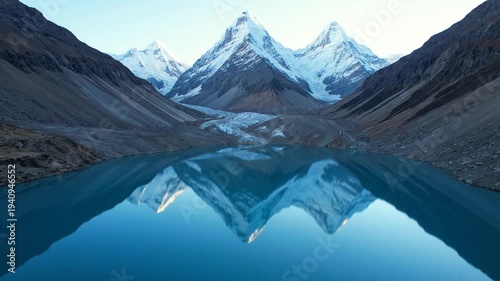 Stunning mountain lake reflection of snow-capped peaks and glacier