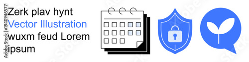 Project planning, data protection, environmental awareness, scheduling, security solutions, sustainability. A calendar, shield with lock and leaf symbol. Organization and data protection concept