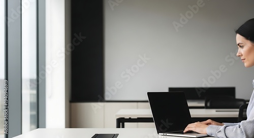 A focused businesswoman is typing on her laptop computer while working in a bright, modern office setting with large windows