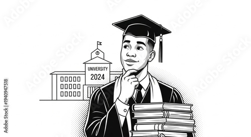 Young man in graduation cap and gown holding books thinking about future.