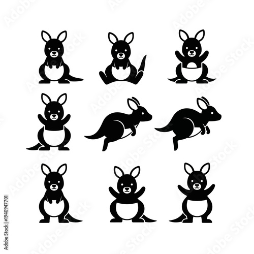 Kangaroo mascot logo collection in minimal flat silhouette style for playful children and nursery branding.