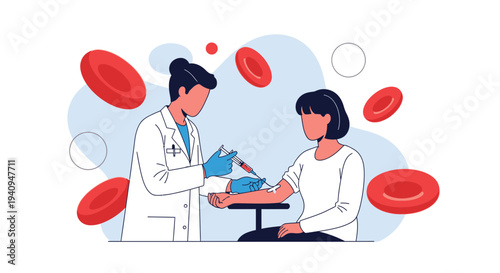 Doctor taking blood sample from patient for medical test, red blood cells illustration