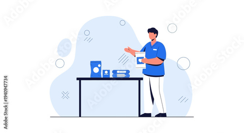 Healthcare professional presenting medical products on a table, modern illustration