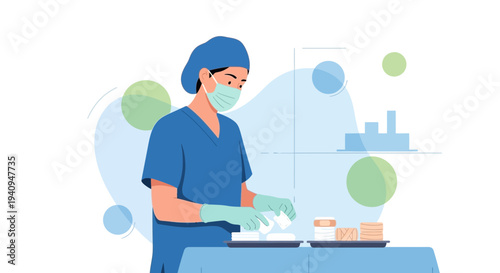 Healthcare professional in scrubs and mask preparing medical supplies, modern medical illustration