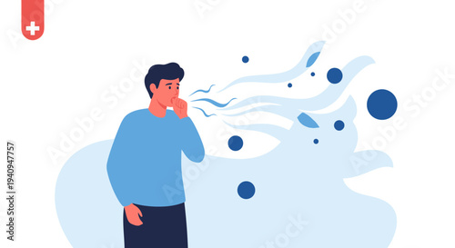 Man coughing, spreading germs and viruses, illustration of illness and contagion