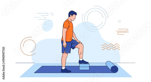 Man doing step-ups on a fitness box on a yoga mat, home workout, exercise