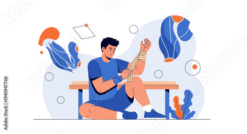 Man Bandaging Injured Arm Sitting on Bench with Abstract Plants