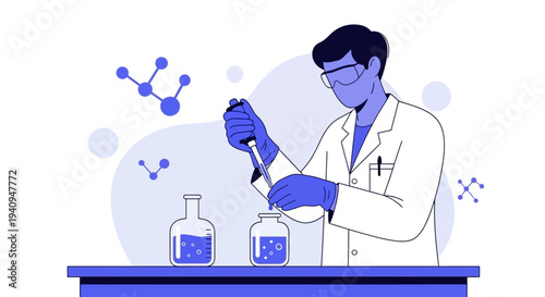 Scientist conducting experiment in laboratory with beakers and molecular structures