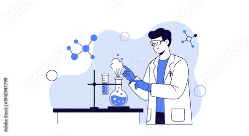 Scientist conducting experiment in laboratory with bubbling flask and molecular models
