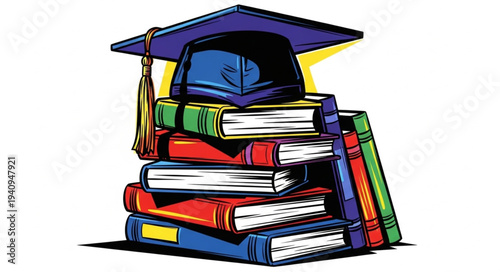 Stack of Books with Graduation Cap Illustration.