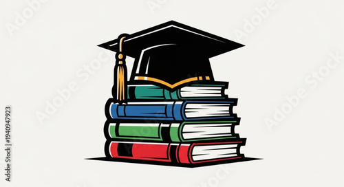 Stack of Books with Graduation Cap Illustration.