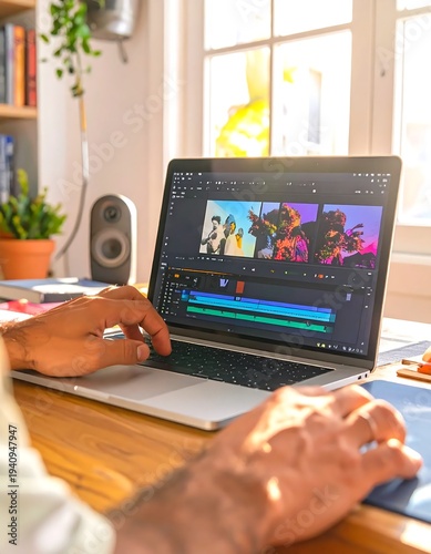 A person editing a video on a laptop