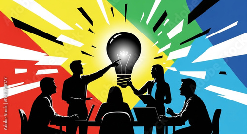 Team brainstorming and generating a bright new idea together.