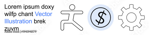 Business processes, financial systems, monetization, teamwork, operations, economic concepts. Human figure, dollar symbol and gear icon in minimalistic style. Financial systems and business