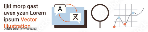 Translation, education tools, market trends, analytics, global communication, research insights. Language translation icon, magnifying glass and line graph. Translation and education tools concept